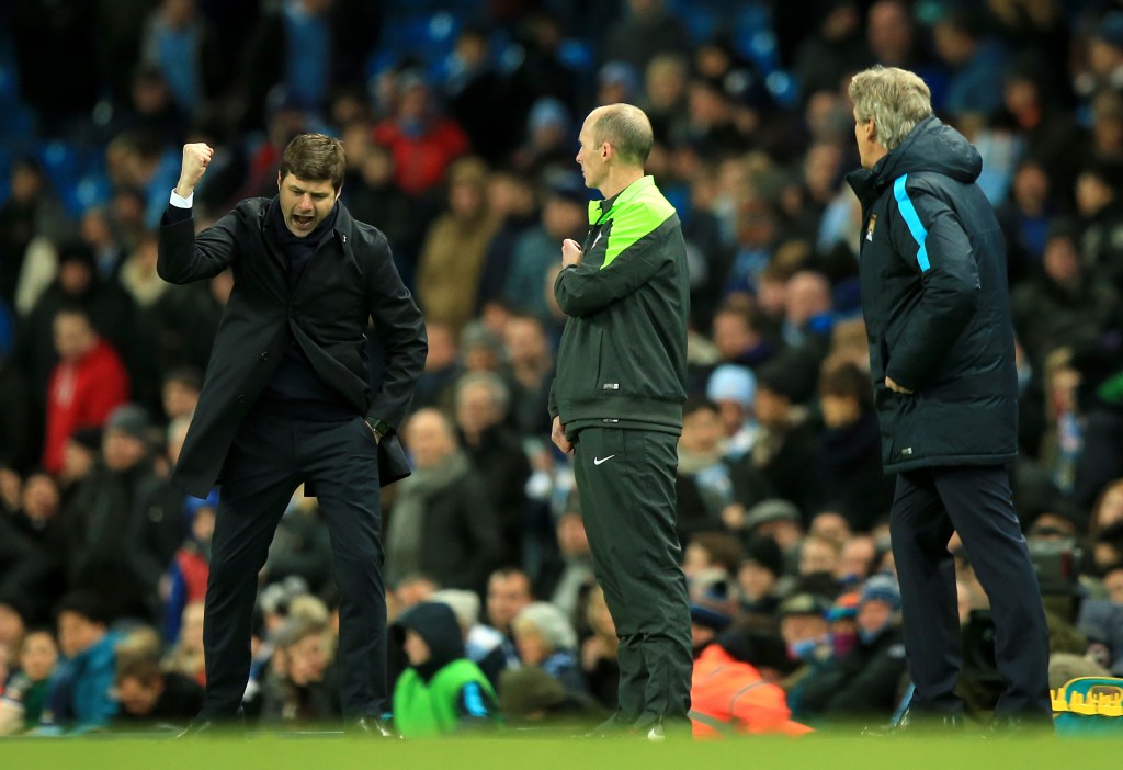 Tottenham Hotspur manager Mauricio Pochettino celebrates on the touchline.
