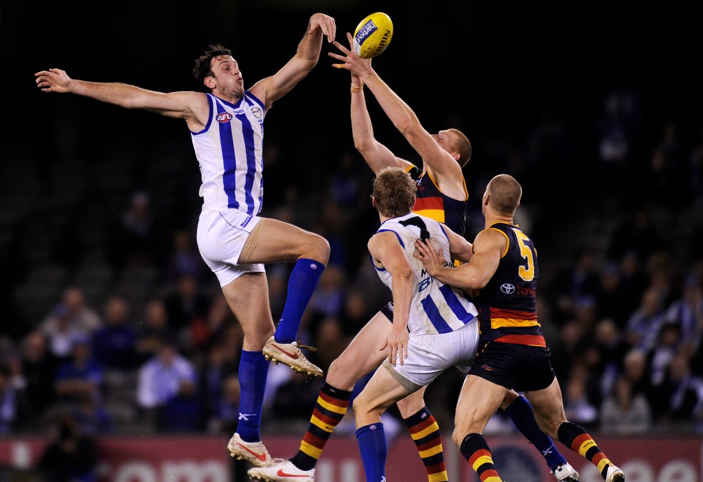 Todd Goldstein and Sam Jacobs do battle. Photo: Martin Philbey, AAP.