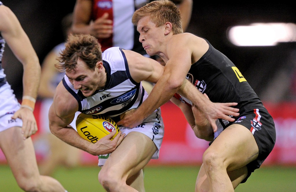 Jackson Thurlow in action last year against St Kilda's Seb Ross. Photo: Joe Castro, AAP.