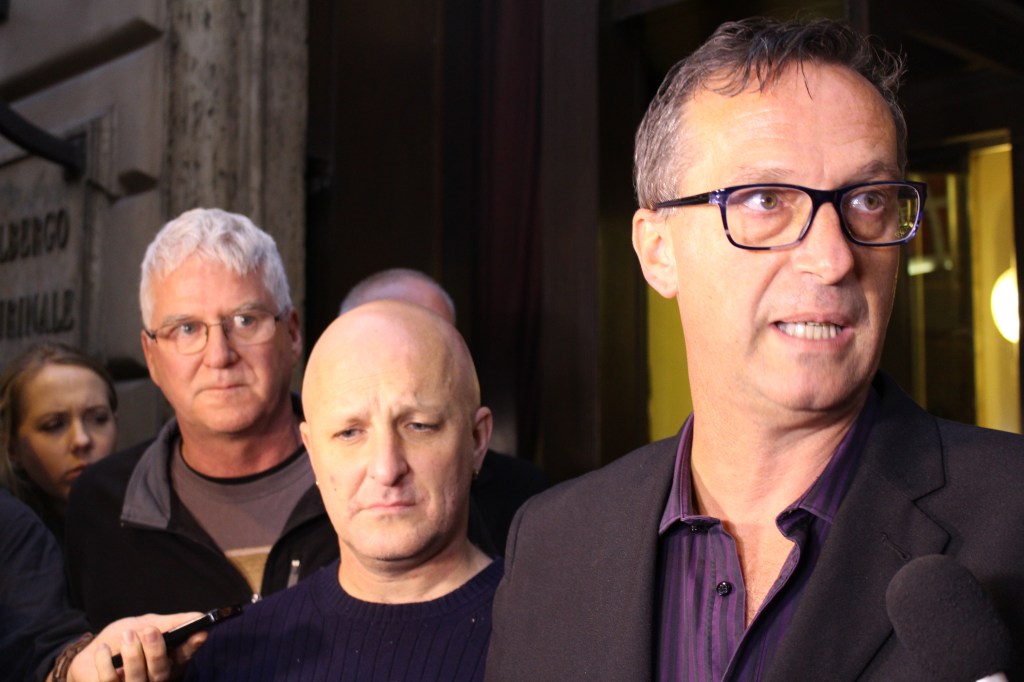 Ballarat child sex abuse survivors (L-R) Phil Nagle, Andrew Collins and David Ridsdale pictured outside the Quirinale Hotel in Rome. Photo: AAP/Lloyd Jones