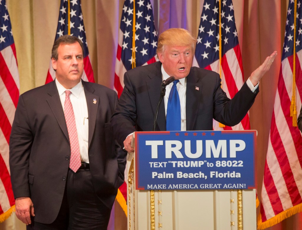 Donald Trump speaks at a Super Tuesday event in Florida after being introduced by  New Jersey Governor Chris Christie (left). Photo: EPA/Ryan Stone
