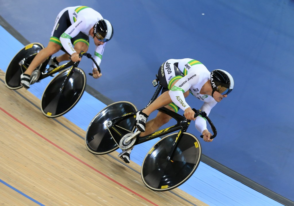 Australia's Matthew Glaetzer (right) and Nathan Hart (left) during the Men's Team Sprint Qualification. Photo: Adam Davy, PA Wire. 
