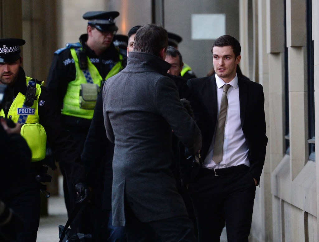 Former Sunderland and England footballer Adam Johnson leaves Bradford Crown Court where he has been found guilty of one count of sexual activity with a child. Photo: Anna Gowthorpe, PA Wire
