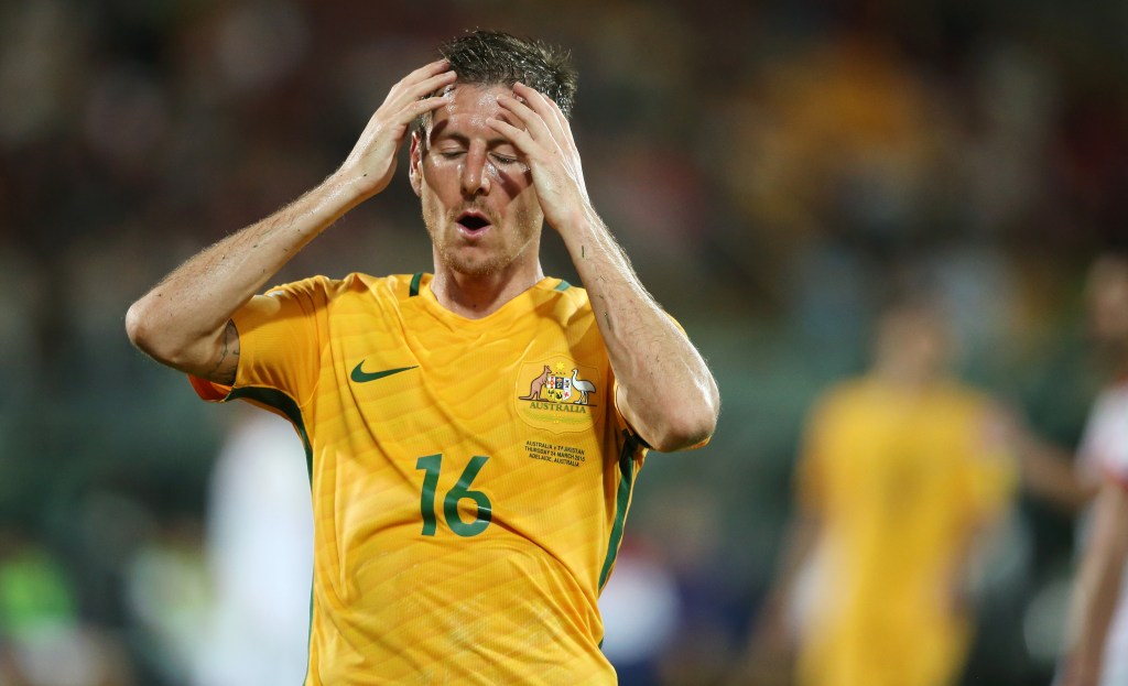 Socceroo Nathan Burns reacts after narrowly missing a shot on goal during Australia's drubbing of Tajikistan at Adelaide Oval last week. Photo: Ben Macmahon, AAP.