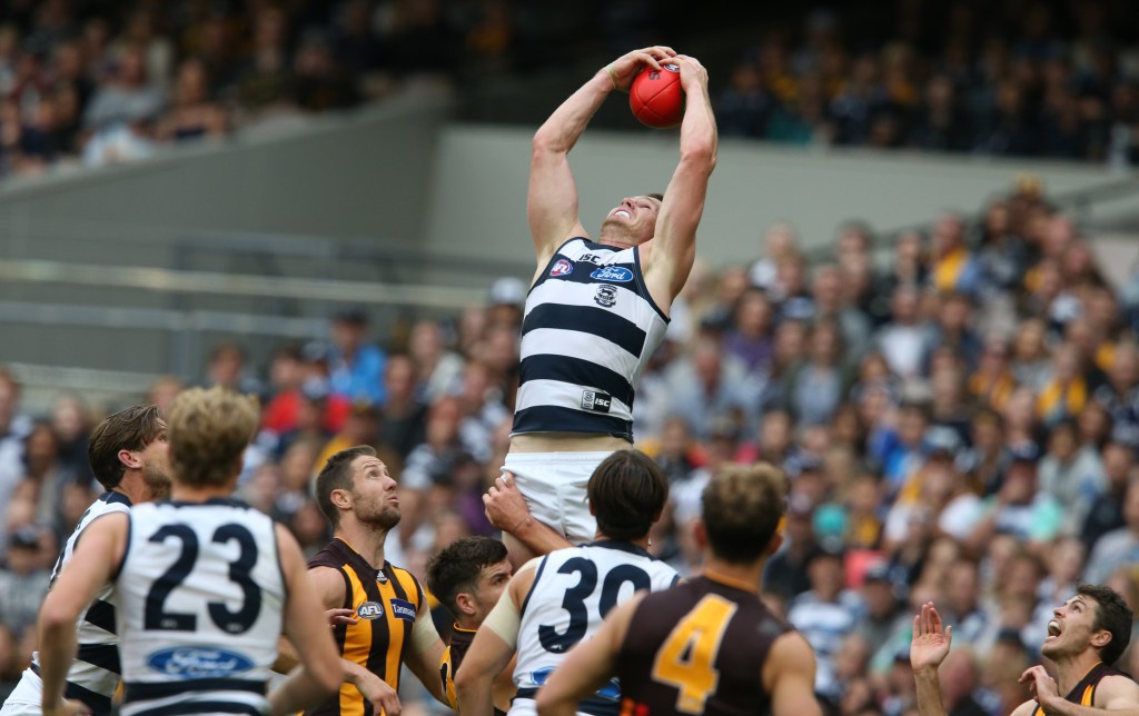 Patrick Dangerfield takes a reasonable mark on his way to an underwhelming three behinds in the final term of Geelong's win against Hawthorn. In a cameo performance, he also had 43 touches. Photo: David Crosling, AAP.