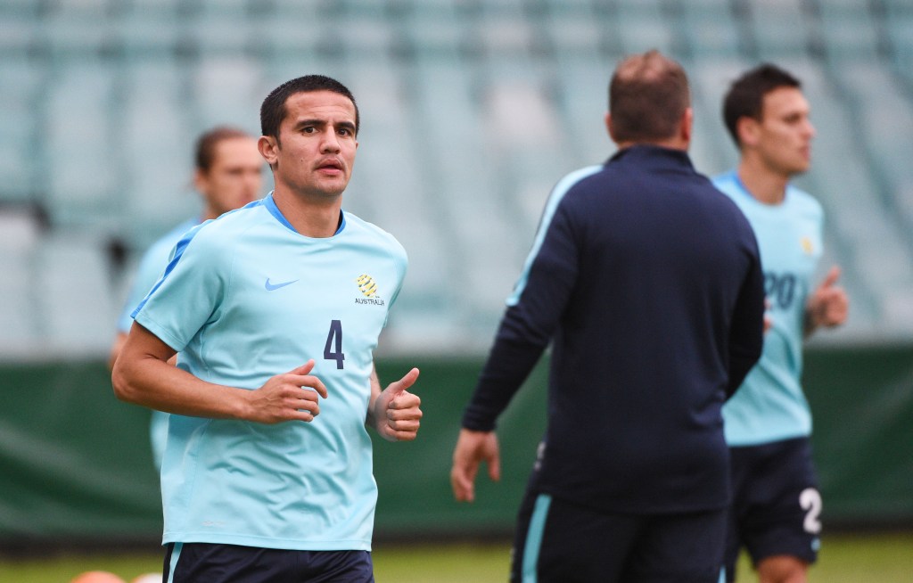 Tim Cahill at training ahead of the Jordan game. Photo: Mick Tsikas, AAP.