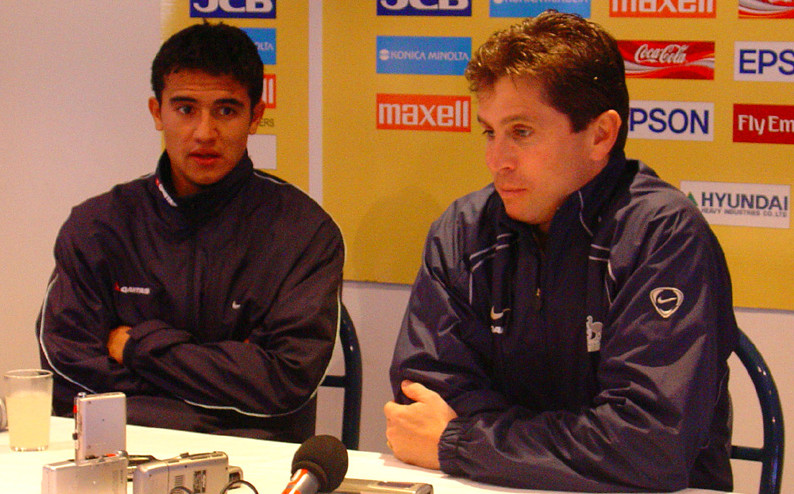 Then-rising star Tim Cahill and former Australian coach Frank Farina front the media during the World Cup qualification series held in Adelaide in 2004. Photo: Paul Marcuccitti.