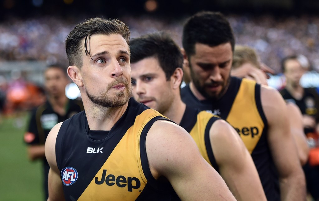 Tiger lynchpin Brett Deledio won't be fit for the crunch match against Adelaide. Photo: Julian Smith, AAP.