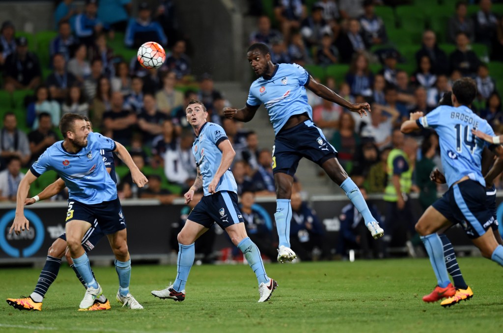 Jacques Faty tries for a goal during Sydney's Round 21 match against Melbourne Victory . Photo: Tracey Nearmy, AAP.