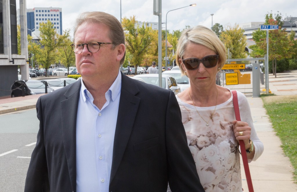 Brumbies CEO Michael Jones and his wife leave the Supreme Court in Canberra after a previous appearance. Photo: Andrew Taylor, AAP.