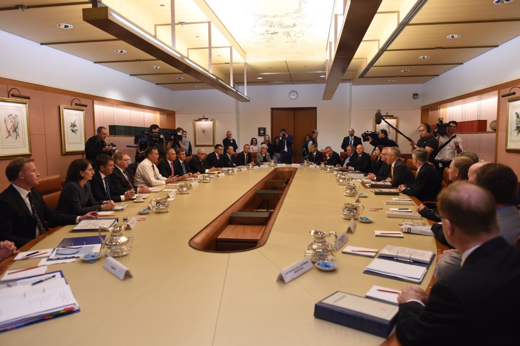 Prime Minister Malcolm Turnbull speaks to Premiers and Chief Ministers at the start of the COAG meeting at Parliament House. Photo: AAP/Lukas Coch