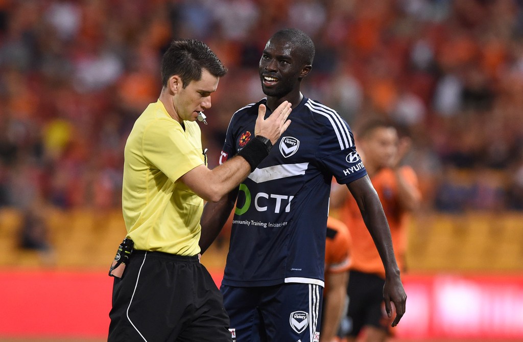 Victory's Jason Geria is sent off during his side's Elimination Final loss to Brisbane Roar. Photo: Dave Hunt, AAP.