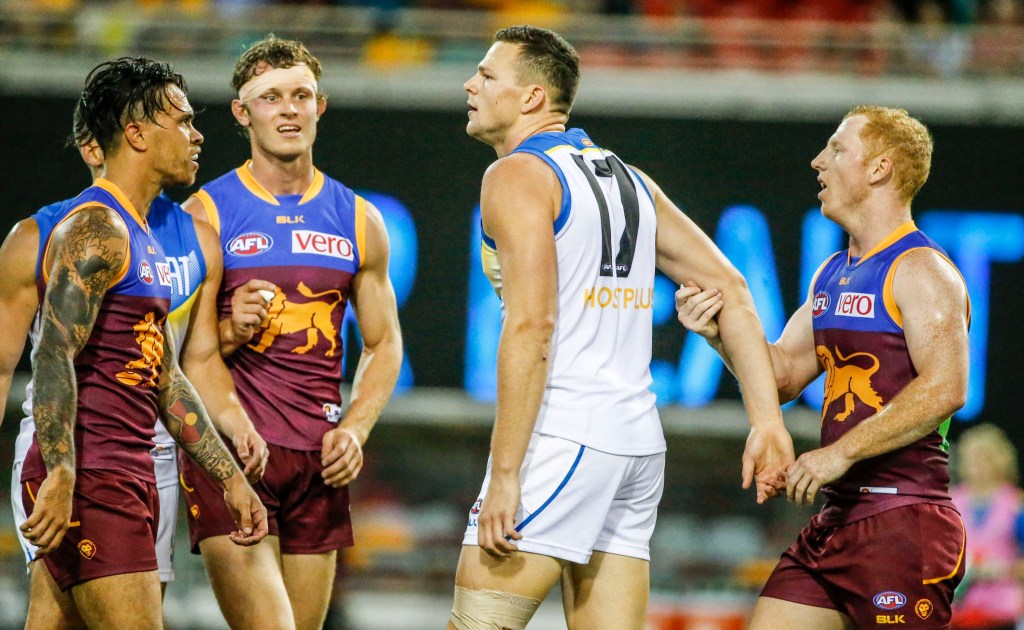 Lions players remonstrate with Steven May after his hit on Stefan Martin. Photo: Glenn Hunt, AAP.