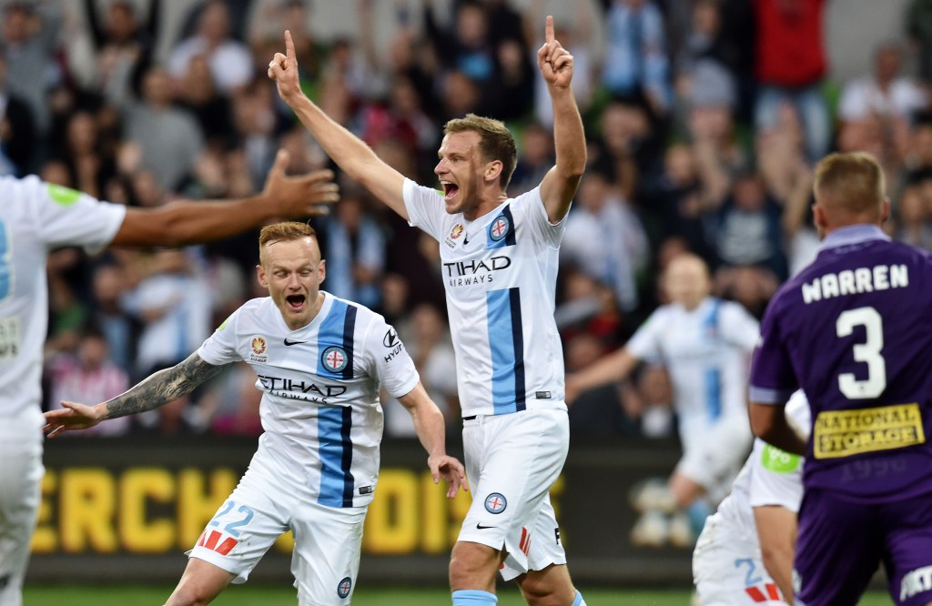 Alexander Wilkinson of Melbourne City  celebrates their first goal during yesterday's Elimination Final win. Photo: Tracey Nearmy, AAP.