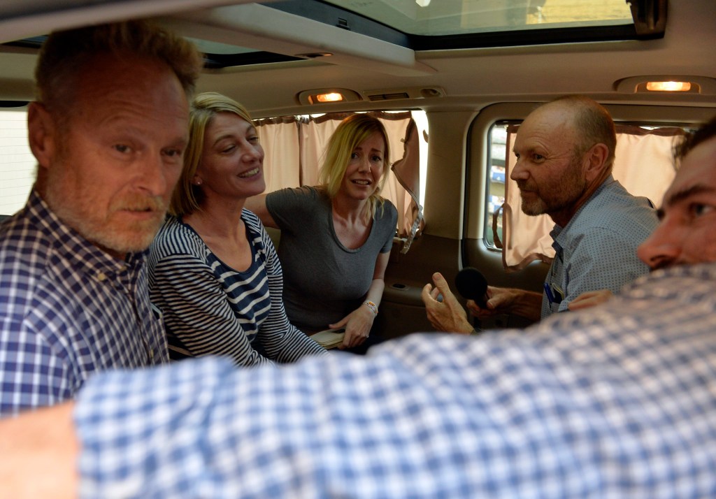 Members of the 60 Minutes crew greet Sally Faulkner and Tara Brown after they left Baabda Prison for women, east of Beirut. Photo: WAEL HAMZEH, EPA.