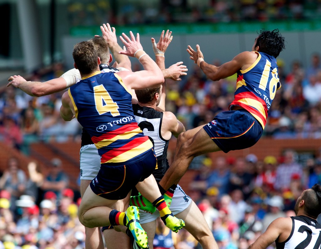 The Crows forward line, including Josh Jenkins and Eddie Betts, has been in strong touch, but the Swans want to stop the ball coming near them. Photo: Michael Errey, InDaily.