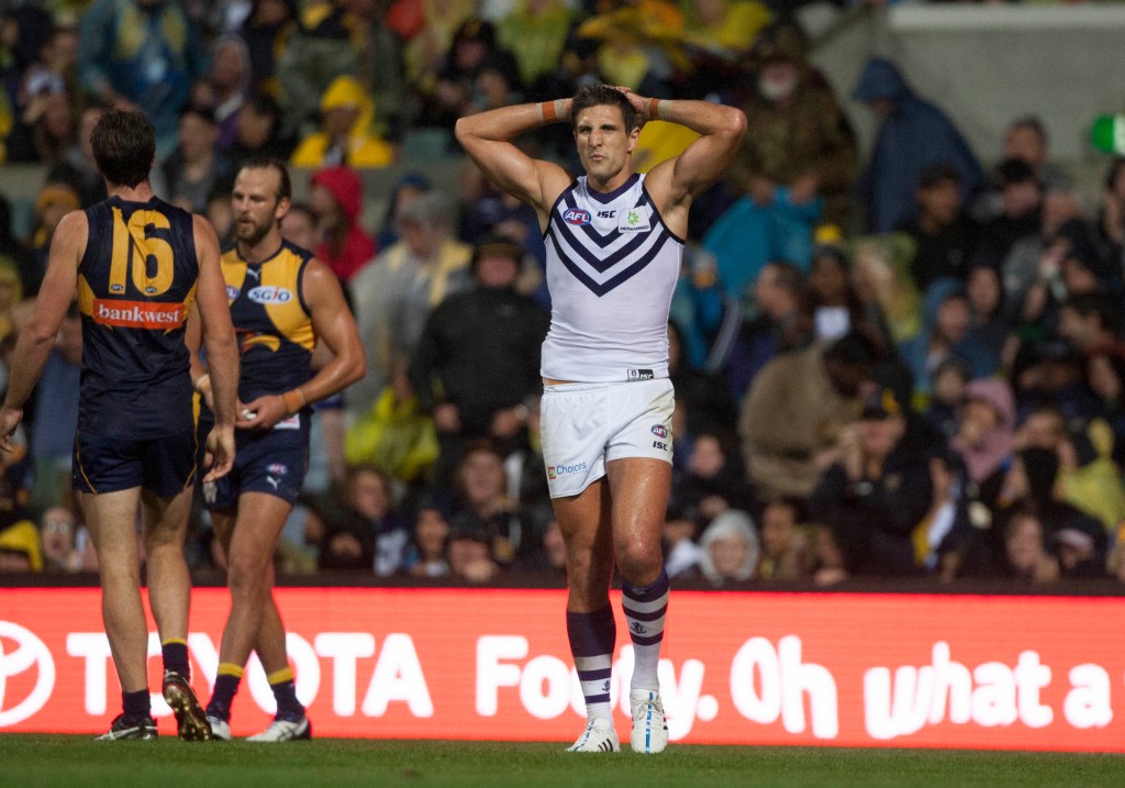 Matthew Pavlich after a Round Three loss to the Eagles. Photo: Tony McDonough, AAP.