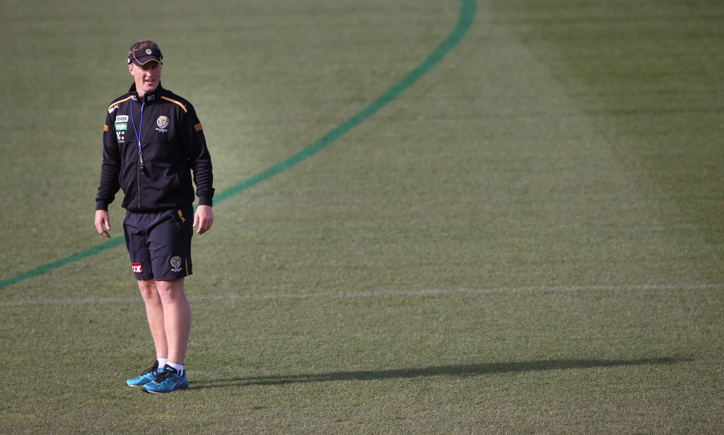 Damien Hardwick at Tigers training today. Photo: David Crosling, AAP.