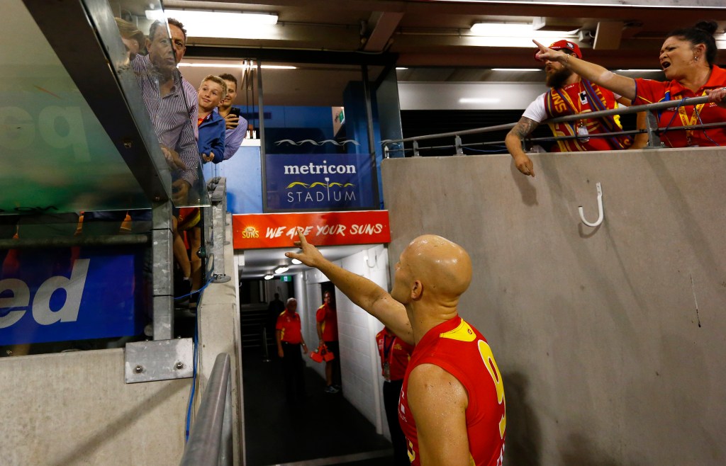 Suns captain Gary Ablett remonstrates with angry fans after Gold Coast's weekend loss to Melbourne. Photo: Jason O'Brien, AAP.