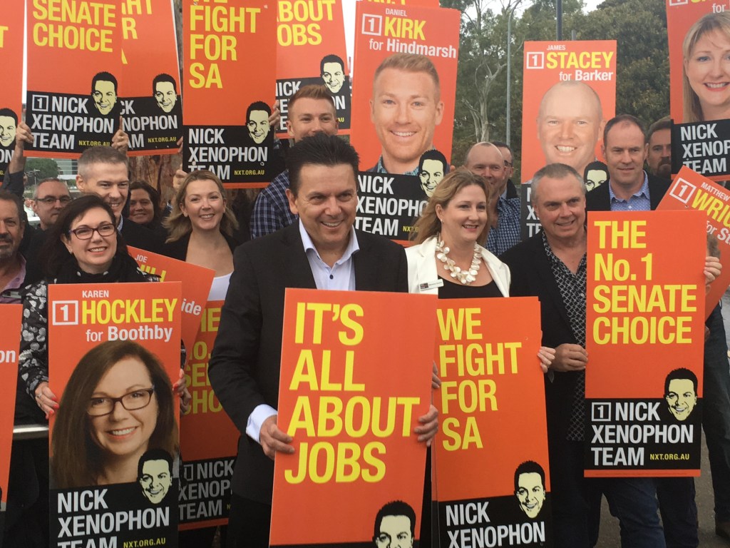 Nick Xenophon with his candidates. Photo: AAP/Michael Ramsey