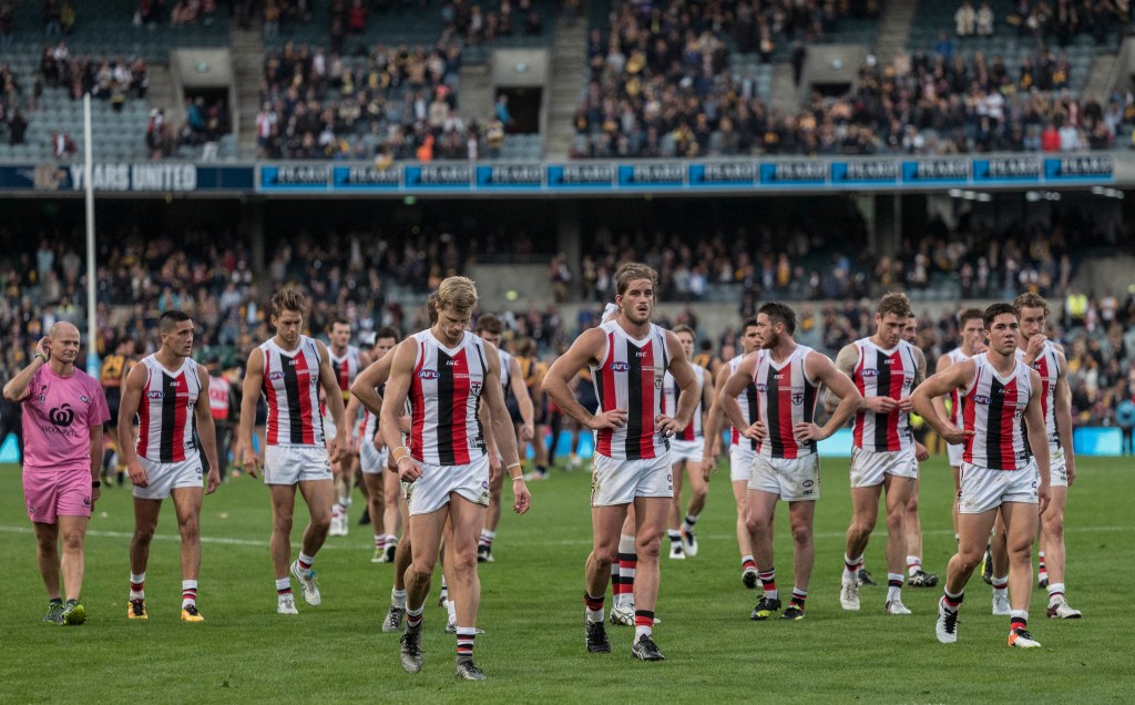 Nick Riewoldt leads his team from the ground after a drubbing at the hands of West Coast. Photo: Tony McDonough, AAP.