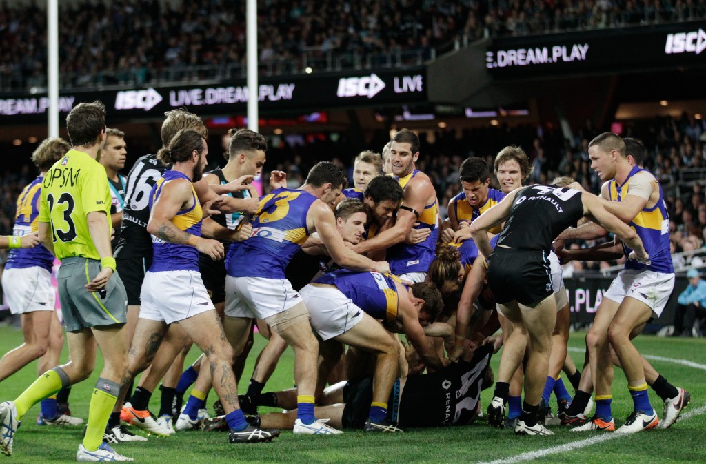 Tensions flare between Eagles and Power players after Tom Jonas's hit on Andrew Gaff. Photo: Ben Macmahon, AAP.