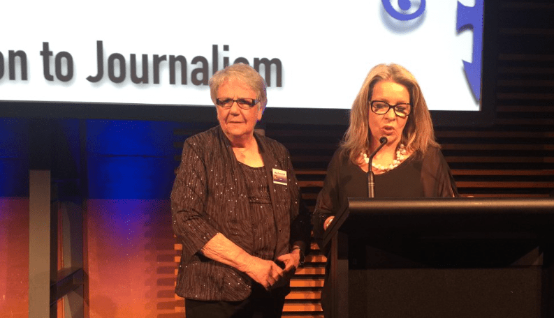 Journalism trailblazer Marg Ralston receiving her hall of fame award from Dana Wortley. Photo: SA Media Awards