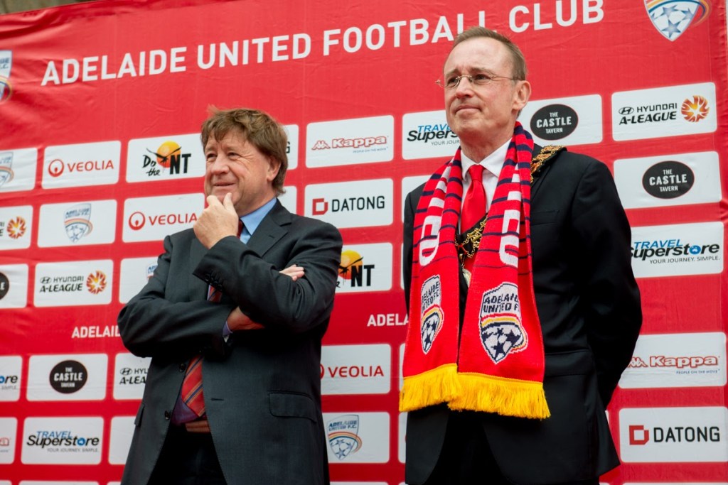 Greg Griffin with Adelaide Lord Mayor Martin Haese (right). Photo: Nat Rogers / InDaily