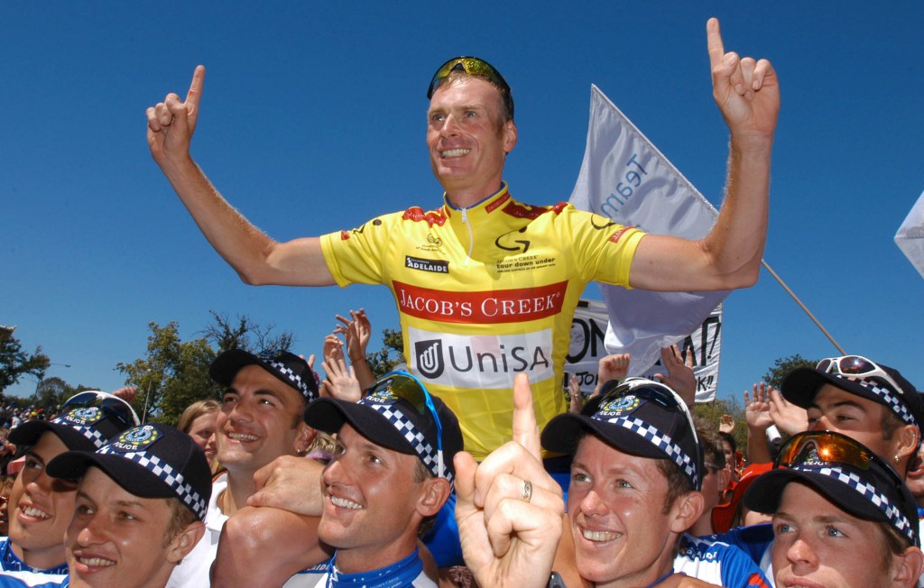 Dutch-born South Australian Patrick Jonker and the UniSA Team celebrate their win at the 2004 Tour Down Under in Adelaide. Photo: Tom Miletic, AAP.