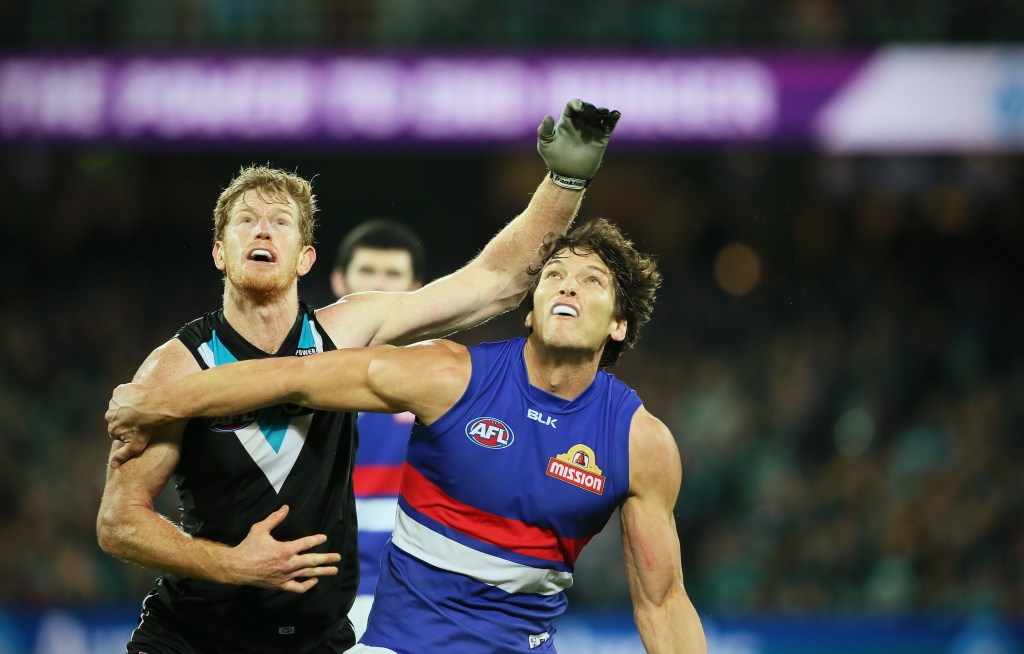 Will Minson tussles with Port Adelaide's Matthew Lobbe last year. 2016 has not turned out well for either of them thus far. Photo: Ben Macmahon, AAP.