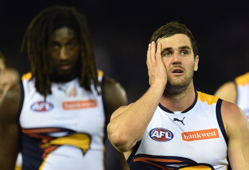 Eagles Jack Darling and Nic Natanui ponder another away loss. Photo: Julian Smith, AAP.
