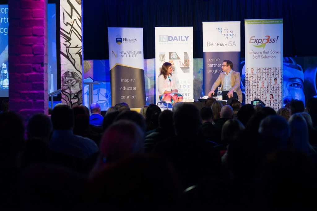 Author Bernadette Schwerdt with Uber Australia/NZ general manager David Rohrsheim at Disrupters yesterday. Photo: Nat Rogers/InDaily