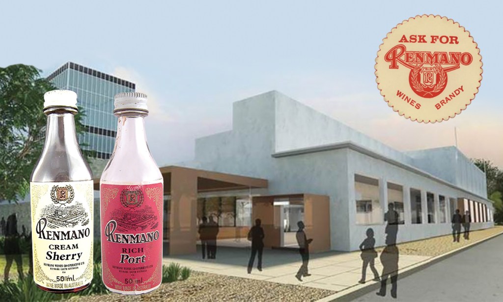 An artist's impression of the new Black Bottle Distillery at Renmark with some examples of Renmano memorabilia.