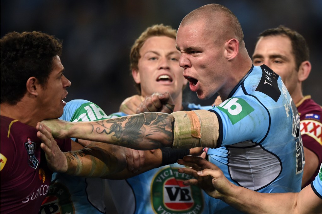 David Klemmer of the Blues pushes Maroons Dane Gagai during last week's State of Origin III. Photo: Paul Miller, AAP.