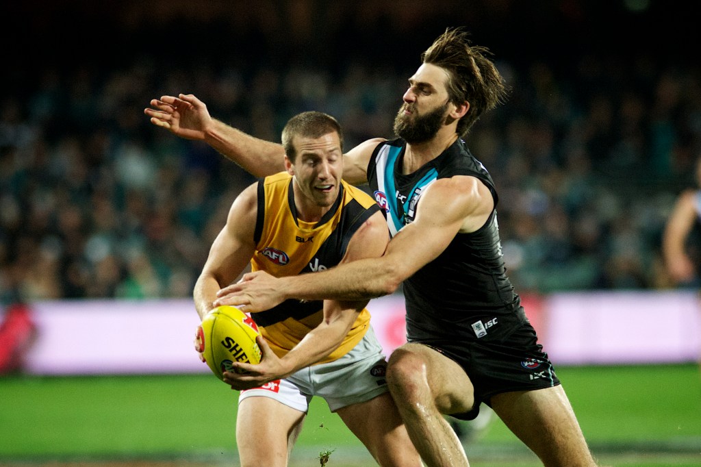 Defender Jackson Trengove has been forced to shoulder Port's ruck load in the absence of Paddy Ryder and Matthew Lobbe this season. Photo: Michael Errey, InDaily.