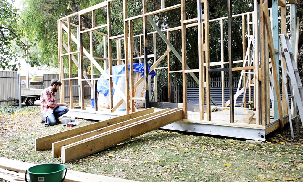 The tiny house during an early stage of the build. Photo: Nat Rogers