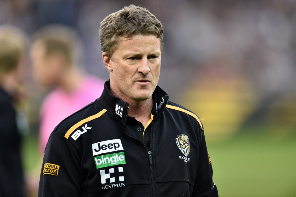 Damien Hardwick during Sunday's loss to Geelong, in which Richmond dominated for three quarters. Photo: Julian Smith, AAP.
