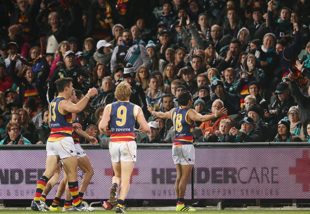 Eddie Betts reacts after kicking his fifth, match-sealing goal - moments before the now-infamous banana-throwing incident. Photo: Ben Macmahon, AAP.