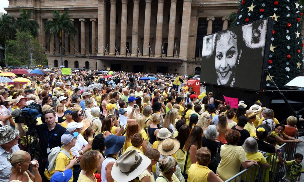 An image of Allison Baden-Clay is projected on a screen during a rally in Brisbane last year protesting the downgrading of Gerard Baden-Clay's conviction. Photo: AAP