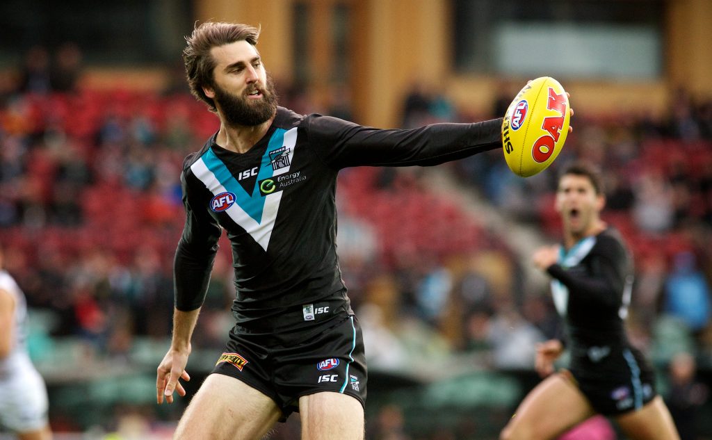 Justin Westhoff gathers at full stretch against GWS. Photo: Michael Errey, InDaily.