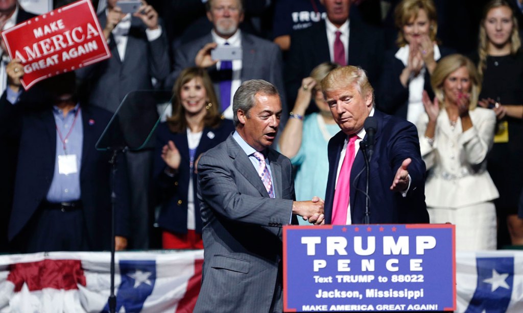 Donald Trump welcomes Nigel Farage to speak at a campaign rally in Mississippi. Photo: AP