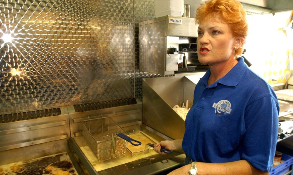 Out of the frying pan ... Pauline Hanson helping out at Sylvania Waters fish and chip shop in 2003. Photo: AAP