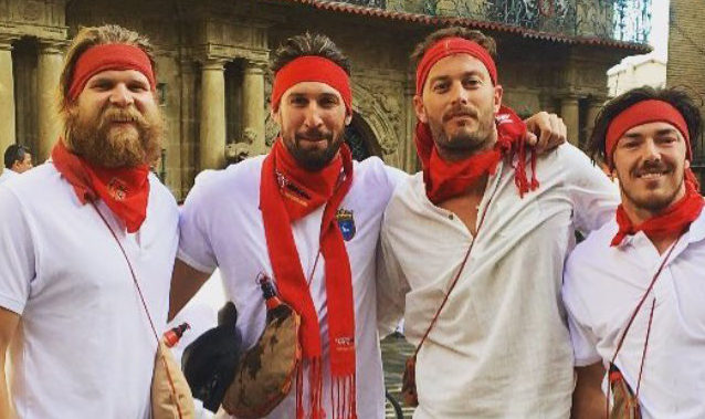 Banned Essendon star Michael Hurley, with fellow ousted teammates Cale Hooker, Tom Bellchambers and Michael Hibberd, attending last month's Running Of The Bulls in Spain. Photo: Twitter.