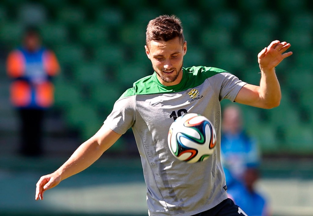 James Holland training with the Socceroos in Spain. Photo: RUNGROJ YONGRIT / EPA