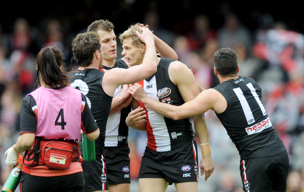 Nick Riewoldt, who kicked nine goals in last week's demolition of Brisbane, is stepping down as the Saints' skipper. Photo: Joe Castro / AAP