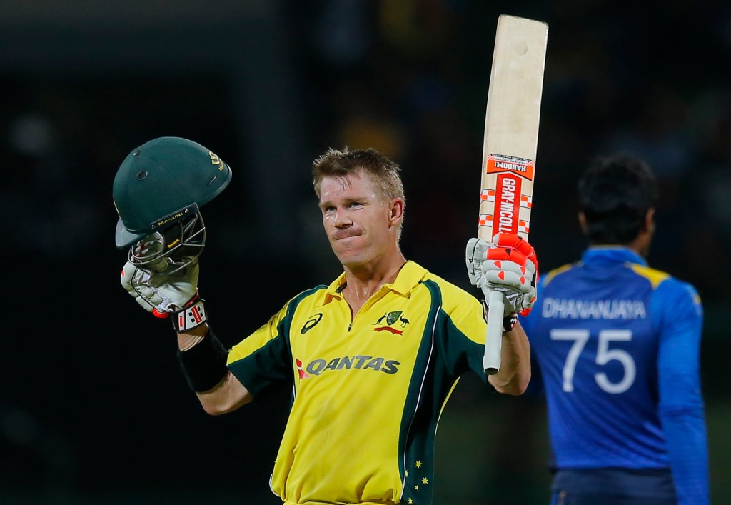 David Warner celebrates scoring a hundred against Sri Lanka. Photo: Eranga Jayawardena / AP