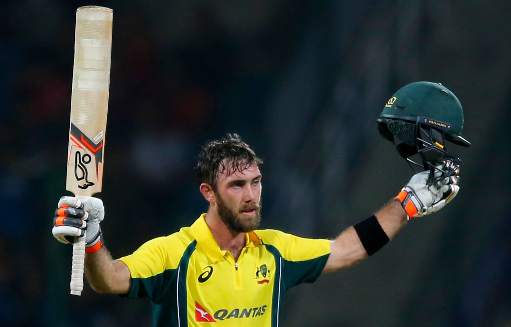 Glenn Maxwell celebrates  against Sri Lanka. Photo: Eranga Jayawardena / AP