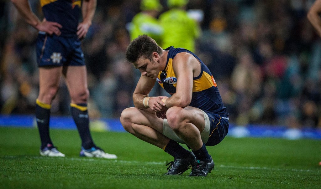 Eagle Elliot Yeo after the final siren. Photo: Tony McDonough / AAP