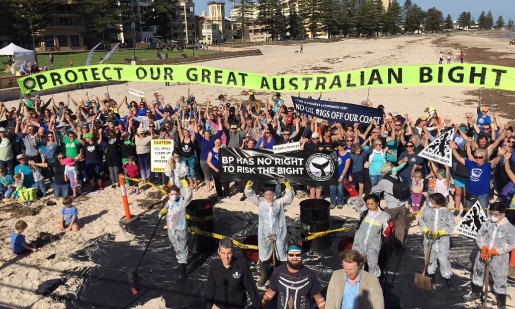 Protesters opposing BP’s plans to drill for oil in the Great Australian Bight gathered on Glenelg Beach in May. Photo: AAP / The Wilderness Society