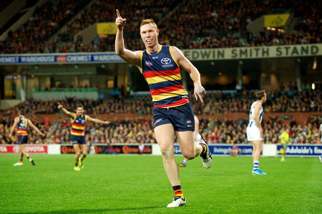 Tom Lynch celebrates a goal against the Kangaroos. Photo: Michael Errey / InDaily